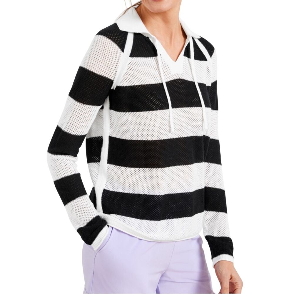 Talbots NWT Coolmax Johnny Collar Sweater Black White Stripe Knit Womens Size SP